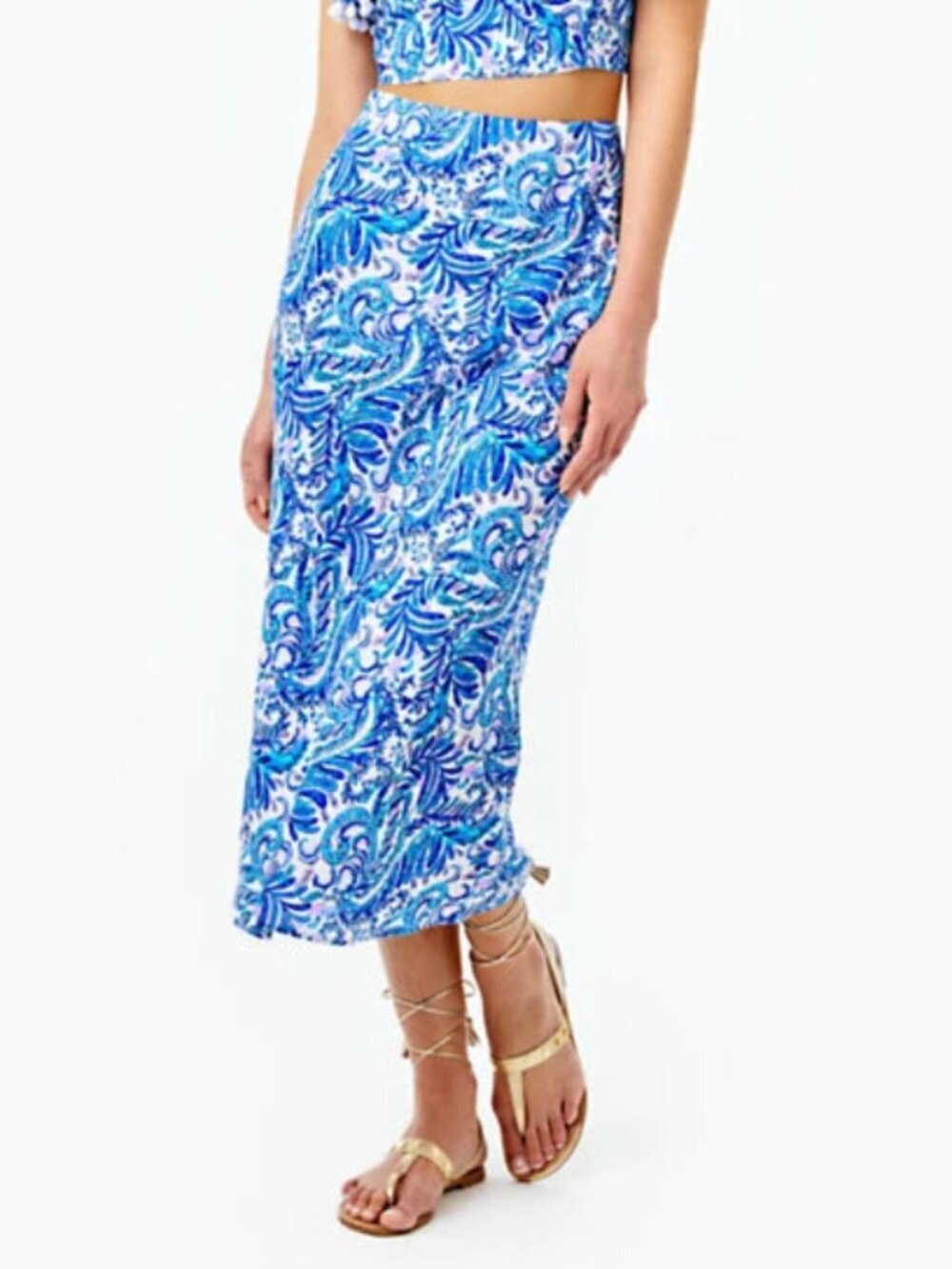 Lilly Pulitzer Gretna Linen Lined Midi Skirt Baha Blue Bird Is The Word, size 6